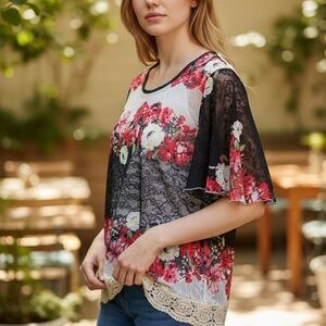 Rains Black and Red Floral Lace Blouse